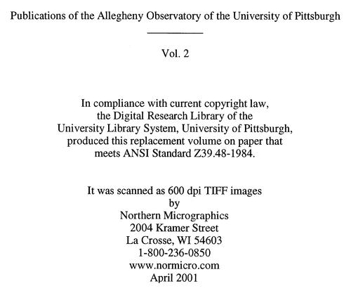 Publications of the Allegheny Observatory of the University of Pittsburgh