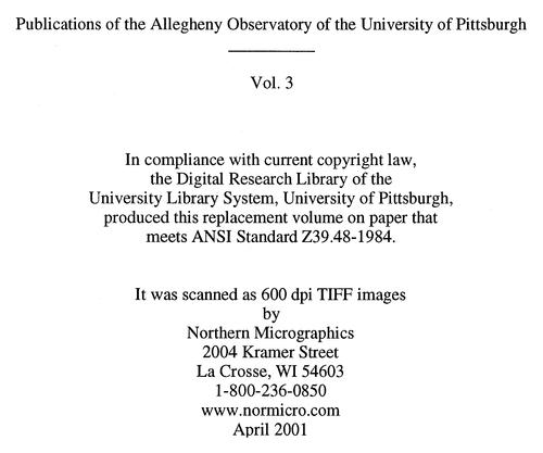 Publications of the Allegheny Observatory of the University of Pittsburgh