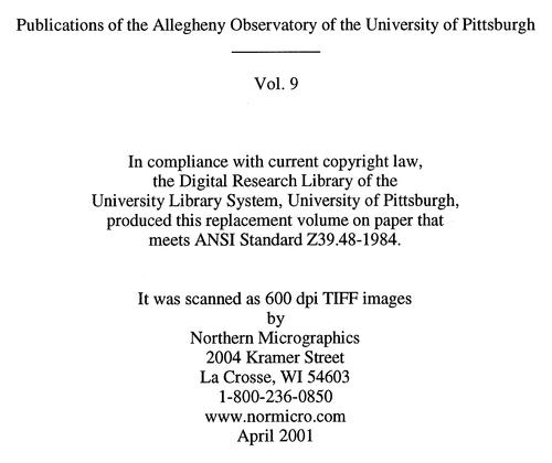 Publications of the Allegheny Observatory of the University of Pittsburgh