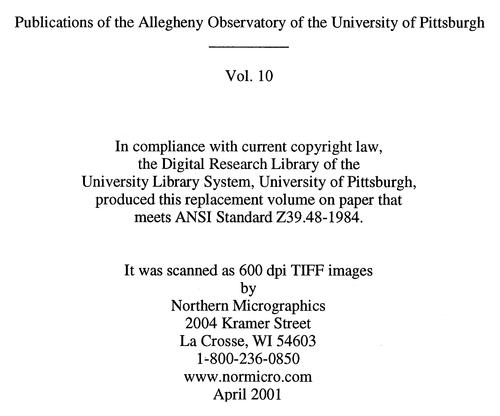 Publications of the Allegheny Observatory of the University of Pittsburgh