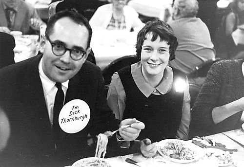 "I'm Dick Thornburgh" button on campaigner Thornburgh with wife, Ginny