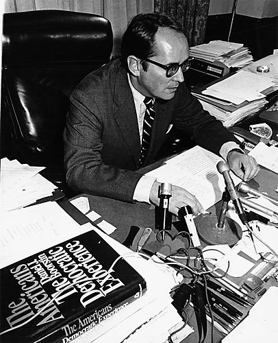 US Attorney Thornburgh conducting press conference at his desk