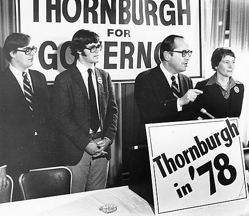 John, David, and Ginny Thornburgh at the podium with Dick Thornburgh at campaign event