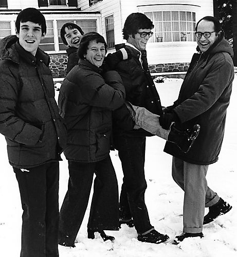 Playful family photograph of Governor-elect Thornburgh with Ginny, David, Peter, and Bill