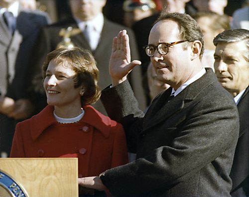 Close-up photograph of Thornburgh and wife Ginny, during his taking oath of office
