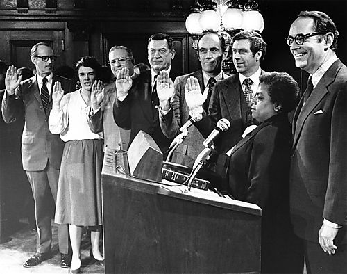 Governor Thornburgh at swearing-in of cabinet members: Bodine, O'Bannon, McEnteer, Scott, Larson, Hallowell, and Allen