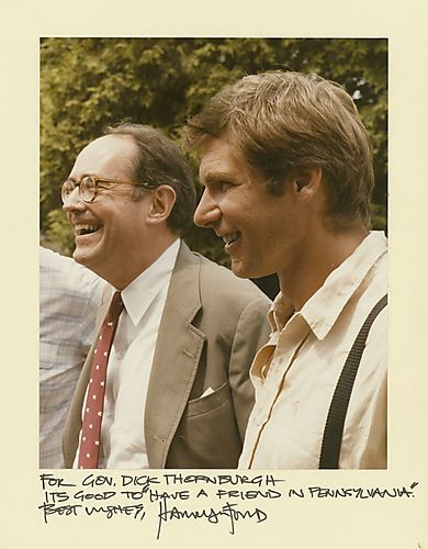 Harrison Ford and Governor Thornburgh on set of film "Witness"