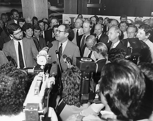 Thornburgh speaking to press at opening ceremony of Pittsburgh's "T"