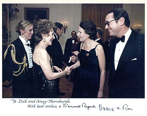 Nancy Reagan greeting Governor and Ginny Thornburgh at White House Reception