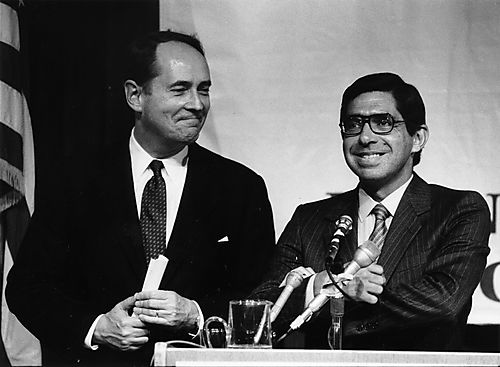 Thornburgh and Oscar Arias, President of Costa Rica, at press conference