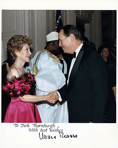 First Lady Nancy Reagan greeting Thornburgh at Mali White House Dinner