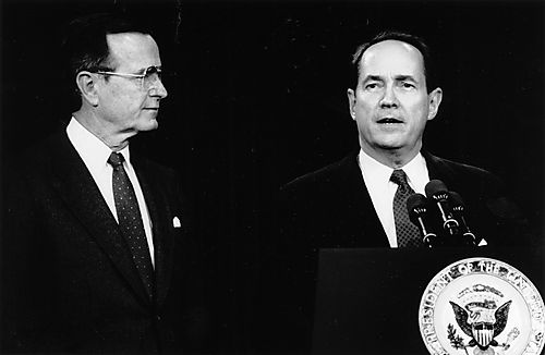 President Bush with Thornburgh following announcement that he will remain Attorney General
