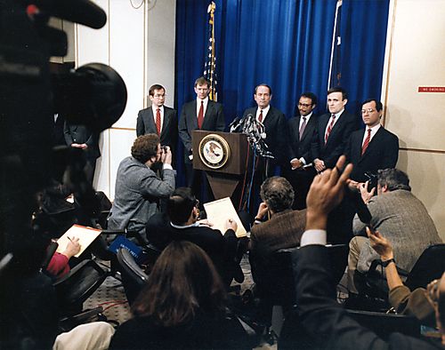 White Collar Crime Press Conference AG Thornburgh with US Attorneys from Chicago, Dallas and Rudy Giuliani from New York.