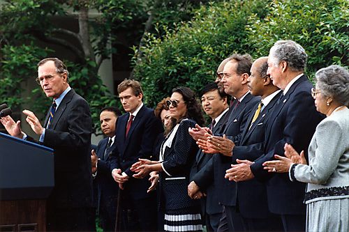 President Bush at podium at Civil Rights Leaders Ceremony in the Rose Garden