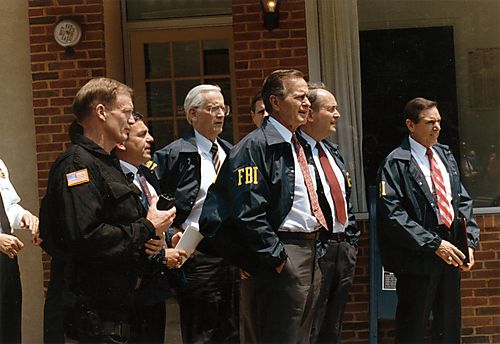 President Bush and Attorney General Thornburgh at tour of Hogan's Alley, FBI Academy, in Quantico, VA