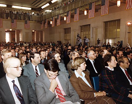 Department of Justice employees and Ginny Thornburgh at Attorney General's first address to them in Great Hall