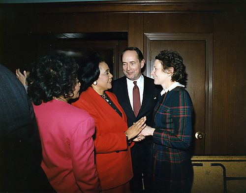 Coretta Scott King greeting Attorney General and Ginny Thornburgh following Martin Luther King Jr. Commemoration Ceremony