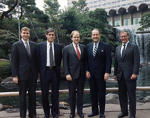 Attorney General Thornburgh in Tokyo with Cuyler Walker, Bob Mueller, Rob Bonner, and Robin Ross from the Department of Justice