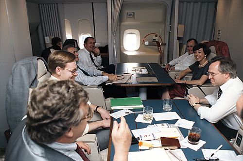 Working session on Air Force 1 with President Bush, Thornburgh, Bob Zoellick, Larry Eagleberger, Carla Hills, and others