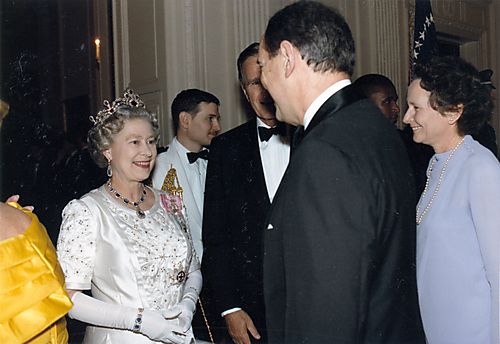 The Thornburghs being introduced to Queen Elizabeth II at Presidential State Dinner in her honor