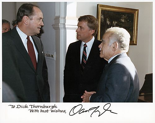 Inscribed picture of Vice President Quayle, Thornburgh and Israeli Prime Minister, Shamir at Vice President's luncheon