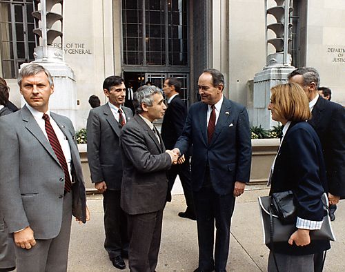 Thornburgh and Bulgarian President Zhelev outside Department of Justice building