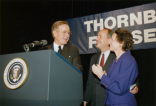 Bush at the podium with Dick and Ginny Thornburgh at a campaign fundraiser in Pittsburgh