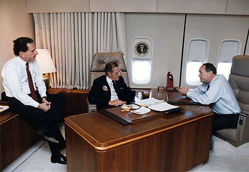 Thornburgh and President Bush in discussion on Air Force 1 with Senator Specter looking on