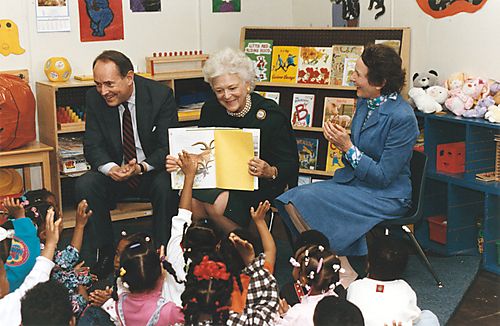 First Lady Barbara Bush and the Thornburghs reading stories to school children in Philadelphia