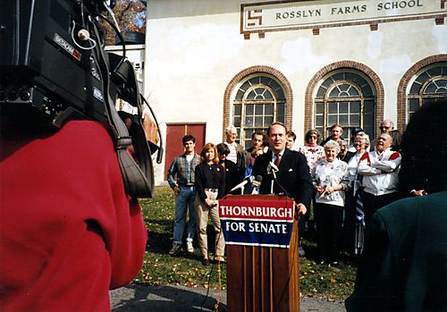 Thornburgh campaigning outside the Rosslyn Farms School he attended as a child