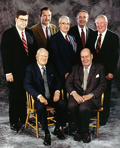 Barr, Clark, Miller (mediator), Thornburgh, Meese, Rogers, and Katzenbach at Hastings Law School Event for Former Attorneys General