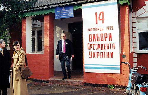 Thornburgh outside an election site in the Ukraine