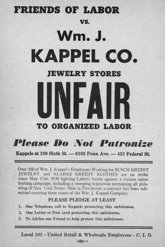 Wm. J. Kappel Co. Jewelry Stores Unfair to Organized Labor boycott announcement