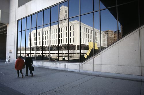 Reflection of Hillman Library from Posvar Hall