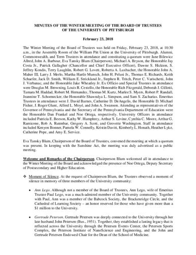 University of Pittsburgh Board of Trustees Public Meeting Minutes, February 23, 2018