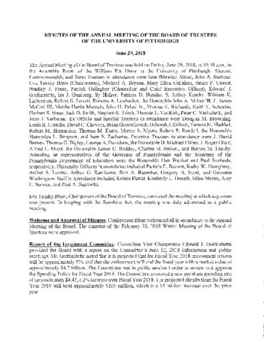 University of Pittsburgh Board of Trustees Public Meeting Minutes, June 29, 2018