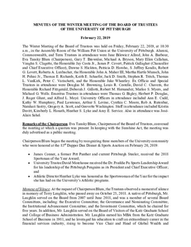 University of Pittsburgh Board of Trustees Public Meeting Minutes, February 22, 2019
