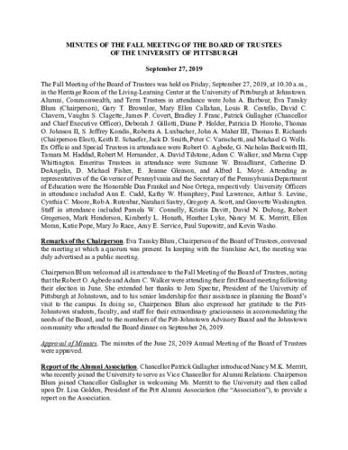 University of Pittsburgh Board of Trustees Public Meeting Minutes, September 27, 2019