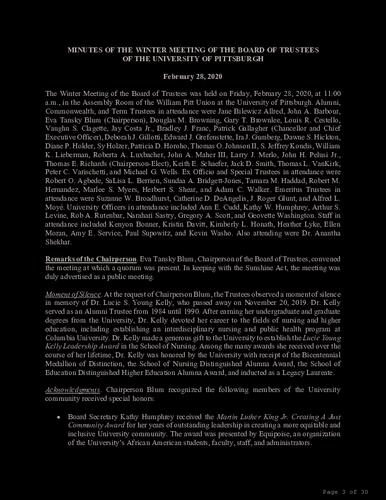 University of Pittsburgh Board of Trustees Public Meeting Minutes, February 28, 2020