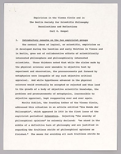 "Empiricism: Berlin & Vienna: Materials on the Vienna Circle," incl. letters by Hempel to Albrecht Becker and Hans Reichenbach,