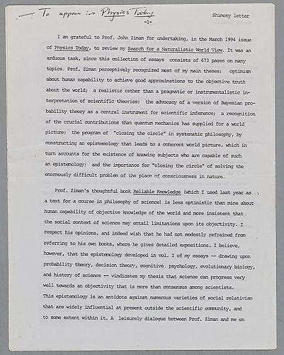Letter to "Physics Today" in reply to John Ziman's review of "Seach for a Naturalistic World View",