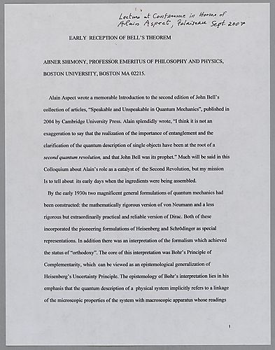 "Early Reception of Bell's Theorem," Lecture at Conference in Honor of Alven Aspect,