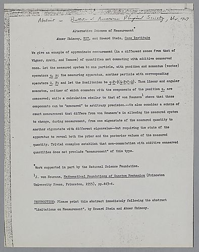 "Alternative Schemes of Measurement," an abstract in Bulletin of American Physical Society, with Howard Stein,