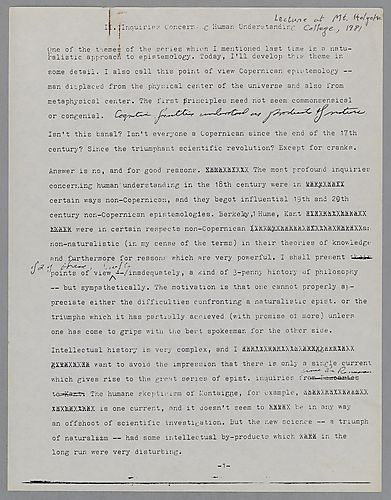 "Inquiries Concerning Human Understanding," Lecture at Mt. Holyoke College,