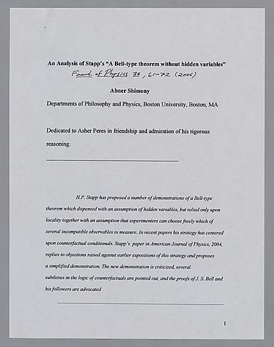 "An Analysis of Stapp's 'A Bell-Type Theorem Without Hidden Variables,'" Foundations of Physics,