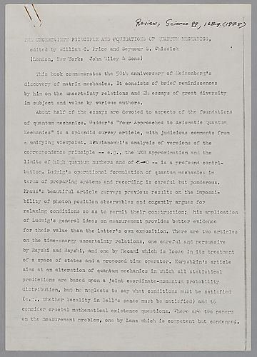 "Review of 'The Uncertainty Principle of Foundations of Quantum Mechanics' by W.C. Price and S.S. Chissick," Science 99,