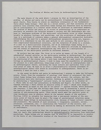 "The Problem of Wholes and Parts in Anthropological Theory," NSF Proposals of Annemarie and Abner Shimony,