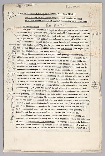 Annotated page proofs of "The Ability of Different Response and Scoring Methods to Discriminate Levels of Partial Knowledge on a Test Item" by de Finetti,