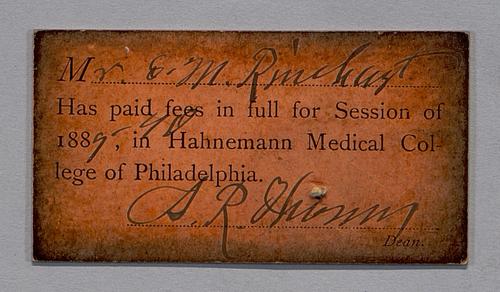 Hahnemann Medical College - receipts for S.M. Rinehart