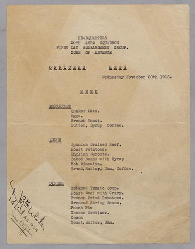 Mary Roberts Rinehart's travels in Europe during World War I - menus and other ephemera